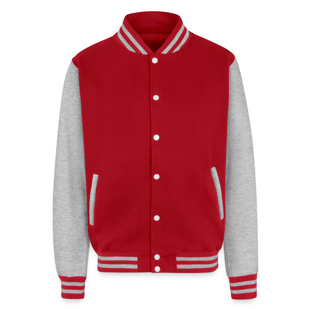 Just Hoods Heavyweight Letterman Jacket P OF P IS P PRICE OF PROGRESS IS PAIN - red/heather grey