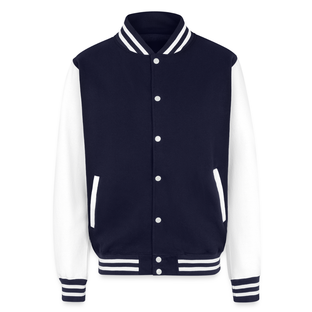 Just Hoods Heavyweight Letterman Jacket P OF P IS P PRICE OF PROGRESS IS PAIN - navy/white