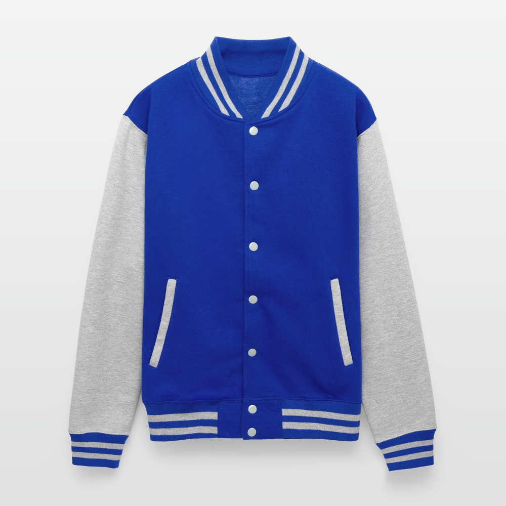 Just Hoods Heavyweight Letterman Jacket P OF P IS P PRICE OF PROGRESS IS PAIN - royal/heather grey