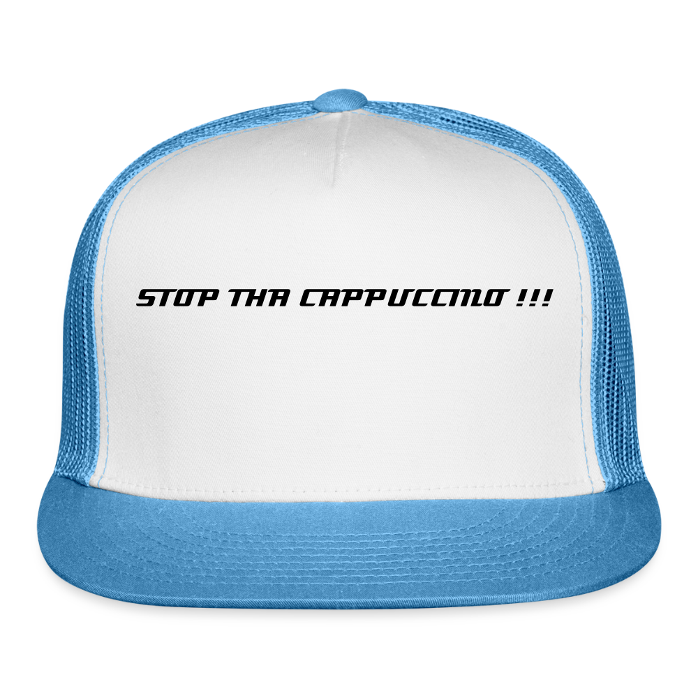 Trucker Hat STOP THA CAPPUCCINO !!! - white/blue