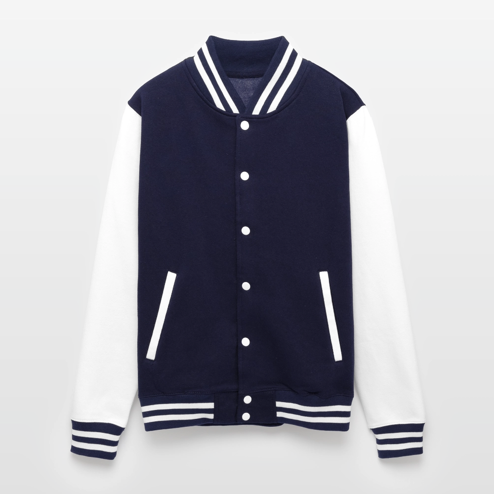 Just Hoods Heavyweight Letterman Jacket P OF P IS P PRICE OF PROGRESS IS PAIN - navy/white