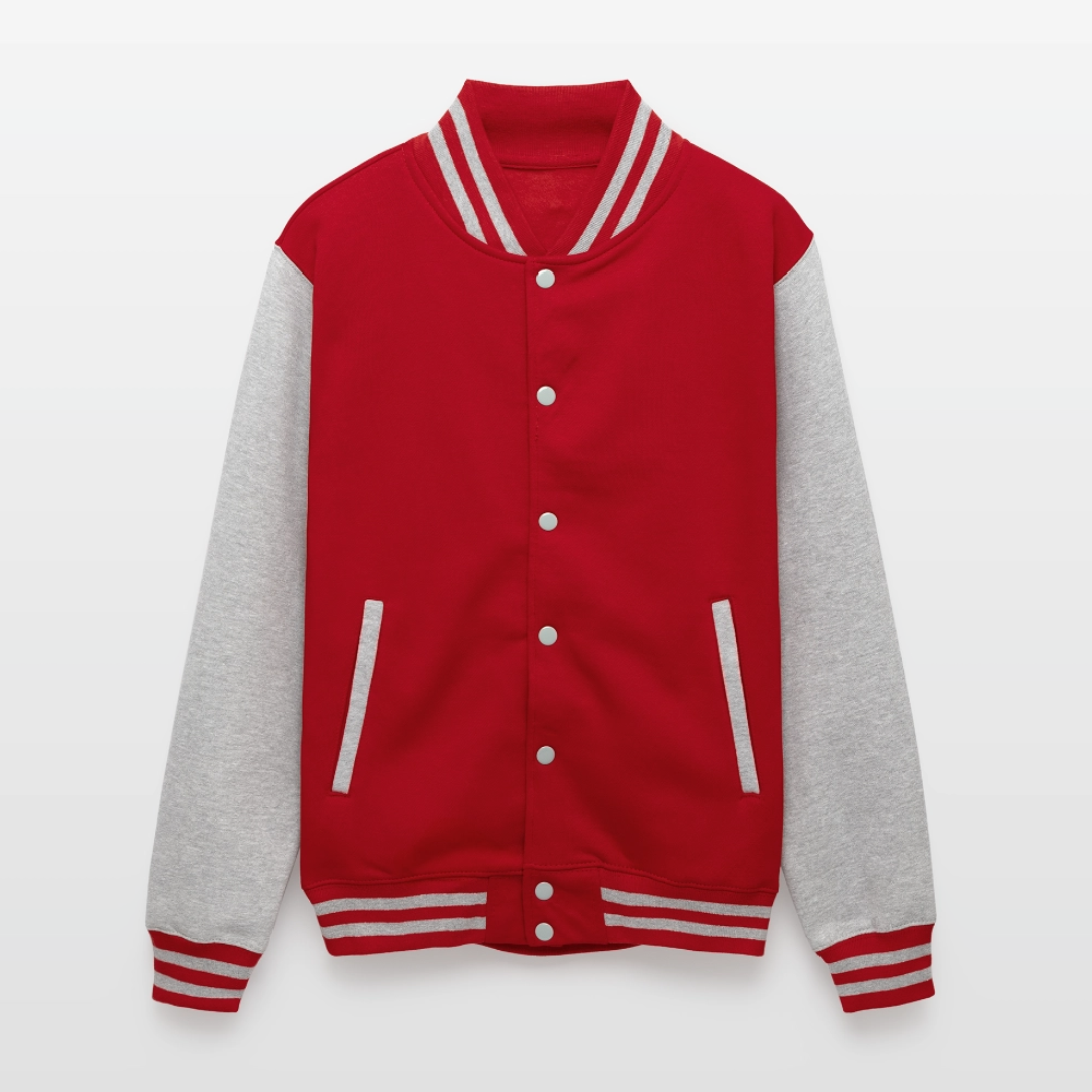 Just Hoods Heavyweight Letterman Jacket P OF P IS P PRICE OF PROGRESS IS PAIN - red/heather grey