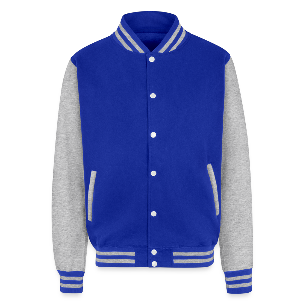 Just Hoods Heavyweight Letterman Jacket P OF P IS P PRICE OF PROGRESS IS PAIN - royal/heather grey