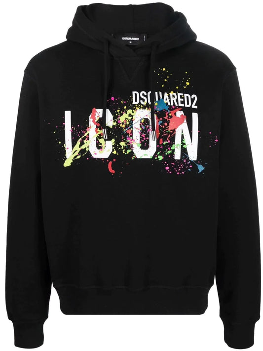 DSQUARED2 ICON SPLATTER HOODIE IN BLACK