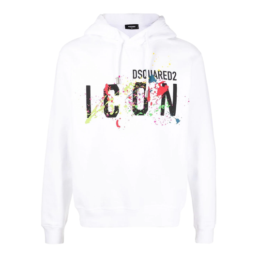 DSQUARED2 ICON SPLATTER HOODIE IN WHITE